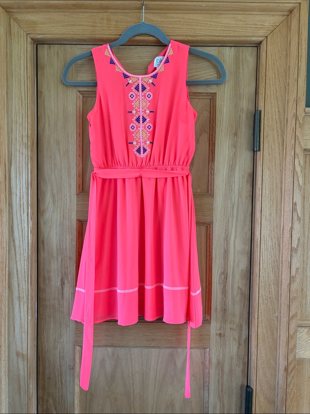 Blush by Us Angels Size 12 Girls Coral Pink Embroidered Waist-Tie Dress